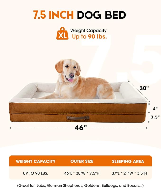 Upvilla Orthopedic Dog Bed XL, Four-Sided Dog Sofa, Washable Cover, Brown | Removable Waterproof Dog Bed Cover, Egg-Crate Orthopedic Foam, Built-In Carry Handle, Indoor Large Pet Beds, Cat Beds