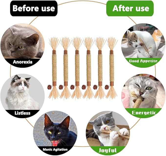 6 Pcs Natural Silvervine Sticks Catnip Toys - Cat Toys Indoor Cats Interactive Matatabi Dental Care Teething Chew Toys for Cats and Kittens Who Love to Chew