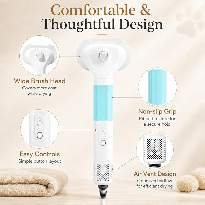 Pet Hair Dryer with Grooming Brush, Dog Blow Dryer, 3-in-1 Cat Blower, Blue | 110,000 RPM Pet Blower with One-Click Hair Removal, 3 Heat & 2 Speed Settings for Professional Home Grooming