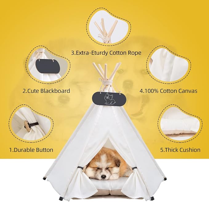 Pet Teepee Tent for Dogs & Cats Dog Bed with Thick Cushion Puppies Play House Removable and Washable