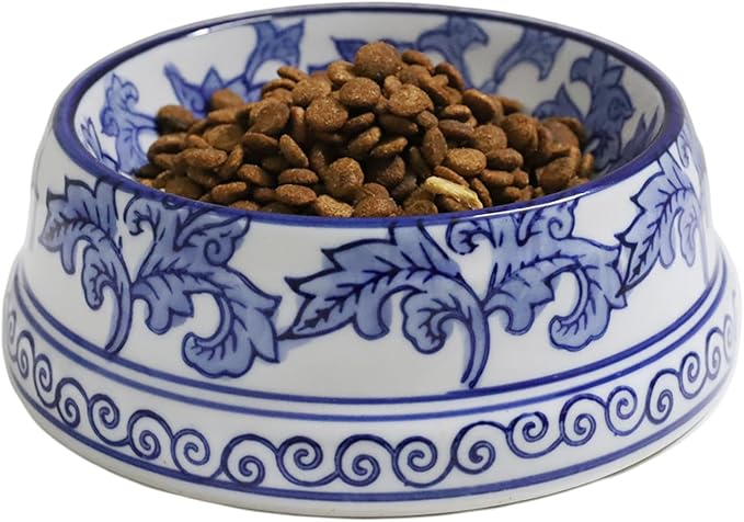 Aimusego Hand-Painted Ceramic Dog Bowl, Pet Bowl, Pretty Blue & White Pet Food Dish, Chinoiserie Floral Water Bowl for Dogs and Cats 11OZ