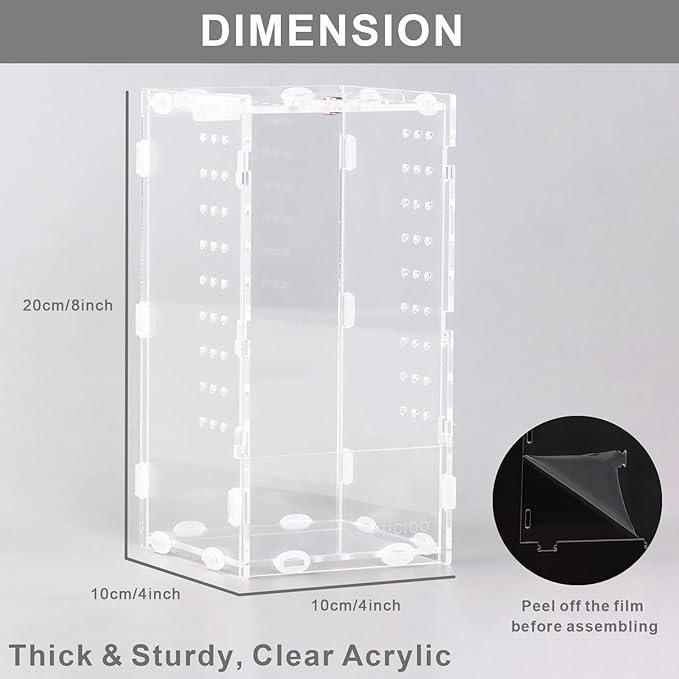 Aiicioo Micro Habitat Terrarium Enclosure 4x4x8 Inches Tarantula Enclosure Box Insect Habitat Clear Acrylic Reptile Feeding Tank for Jumping Spiders Insect Small Tree Dwelling Reptiles