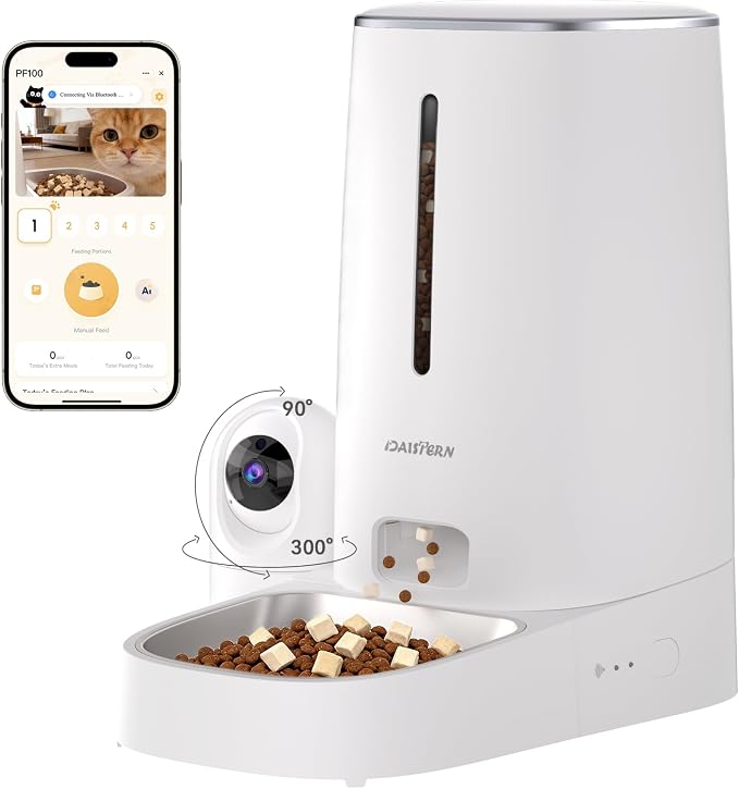 Automatic Cat Dog Feeder with Camera 4L, 2.4G/5G WiFi Smart Pet Food Dispenser with Night Vision, 2-Way Audio, Meat Call and Motion Alert, Stainless Steel Bowl, Dual Power Support, AI Feature