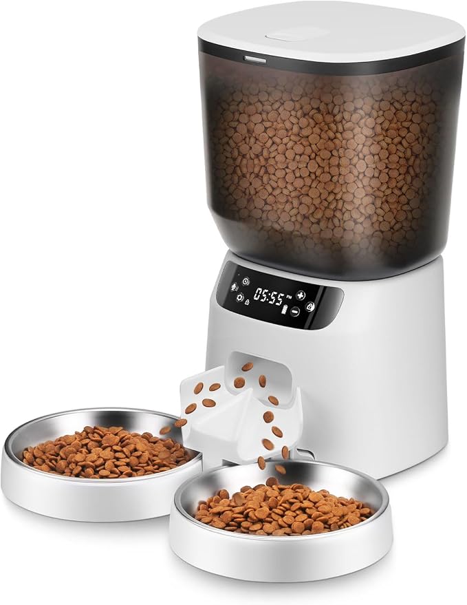 Automatic Cat Feeders for Two Cats, 5L/20 Cups Double Automatic Cat Food Dispenser with 2 Stainless Bowls, Timer Setting 20 Portions 6 Meals Per Day, 10s Meal Call (White)