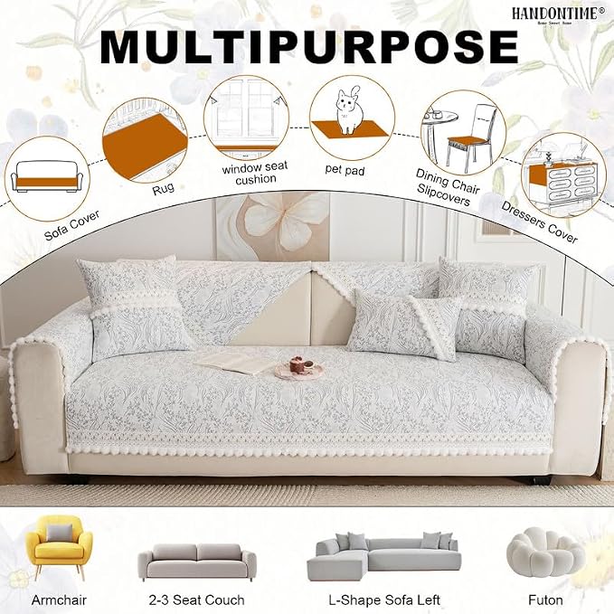 HANDONTIME Floral Chenille Couch Cover for Pets – Plush Fringed Edges, Washable & Non-Slip Sofa Protector, Pet-Friendly Dog Bed Cover for Couches and Sectionals (Light Grey,35.4" x 82.7")