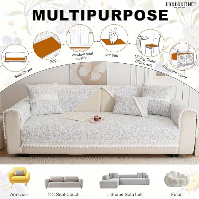 HANDONTIME Floral Chenille Couch Cover for Pets – Plush Fringed Edges, Washable & Non-Slip Sofa Protector, Pet-Friendly Dog Bed Cover for Couches and Sectionals (Light Grey,35.4" x 70.9")