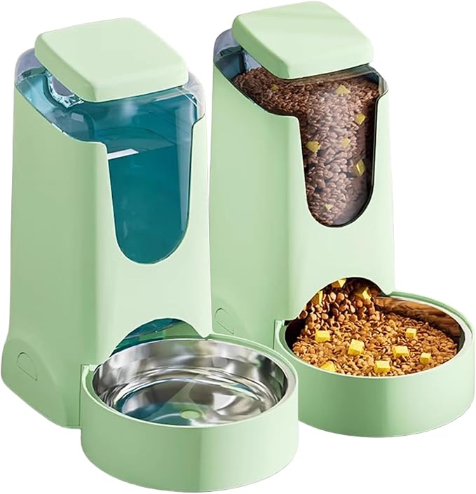 Distributeur automatique de nourriture et d'eau pour animaux de compagnie, capacité 2,8 L (nourriture) et 4 L (eau), avec bol en acier inoxydable pour chiens et chats de petite, moyenne et grande taille (vert clair)