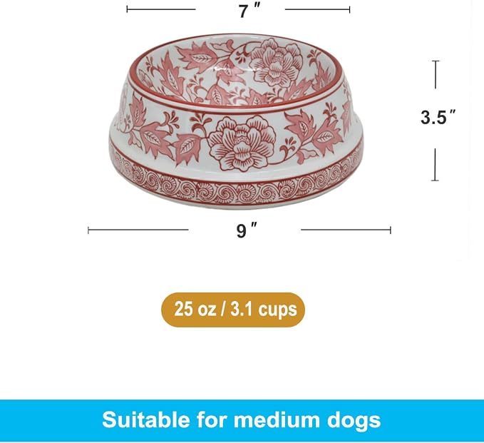 Aimusego Pink & White Ceramic Dog Bowl,Chinoiserie Floral Heavy Duty Non-Slip Dog Food Water Bowls, Ceramic Dish for Medium and Small Dogs and Cats, for Pet Owners,Puppy 9inch