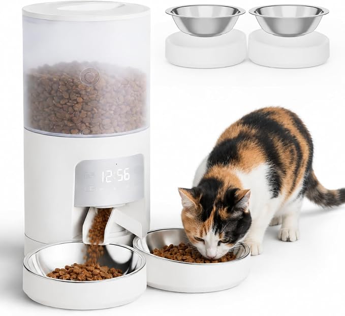 DUMOS 6L Automatic Cat Feeder for 2 Cats, Timed Pet Food Dispenser, Ivory | 2 Stainless Bowls, 10s Voice Call, Dual Power Supply, 6 Meals Per Day, 50 Portions Per Meal, Dual Pet Feeder for Cat and Dog