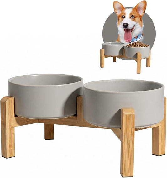 Elevated Ceramic Dog Bowl, 3.6 Cups Dog Food and Water Bowl Set with Stand | 6.1'' Double Dog Feeding Dishes, Non-Slip Raised Dog Feeder for Small and Medium Breeds, 28.74 OZ / 850 ML, White