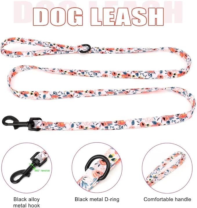 Beirui Cute Dog Collars,Harnesses,Leashes Set, Floral Pattern, Orange,XXS | Girl Dog Harness Set with Flower, Adjustable and Soft Mesh Lining, For Puppies Small & Extra Small Dogs Daily Walks