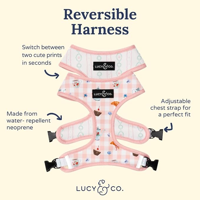 Lucy & Co. Reversible Dog Harness - Water-Repellent Neoprene, Dual-Print Design, Easy Swap Style, Adjustable Comfort Fit - Sipping Slowly Reversible Harness - Small