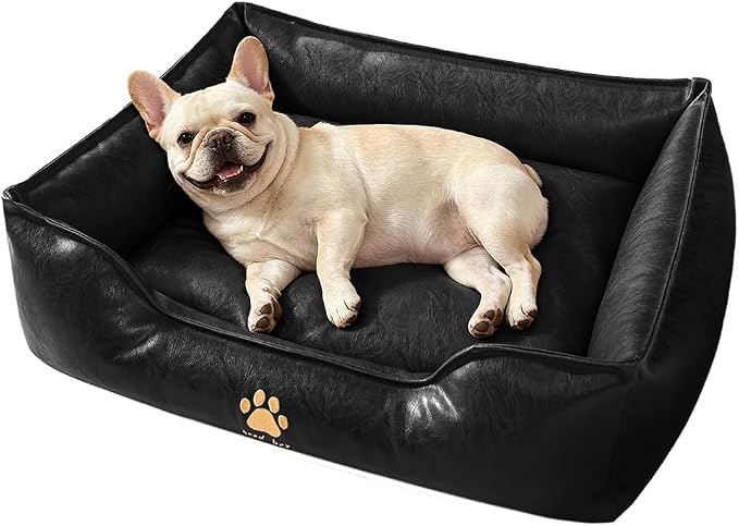 SOMAHE Waterproof Leather Dog Bed, Bolster Couch, 24x19x9 Black | Wipe-Clean Waterproof Leather + Removable Cushion: raised bolsters create a cozy bed for small-medium dogs.