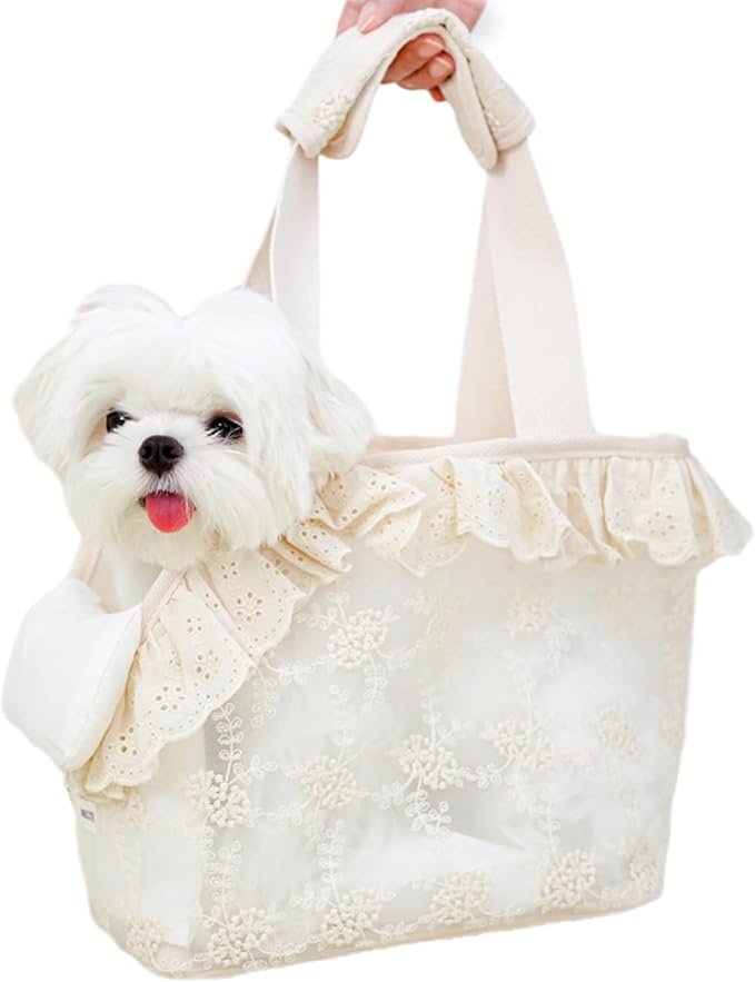 ONECUTE Dog Carrier for Small Dogs Rabbit cat with Lace Design, Cotton Bag, Dog Carrier Soft Sided, Collapsible Travel Puppy Carrier (Beige, 9.4" L x 5.9" W x 9.4" H)