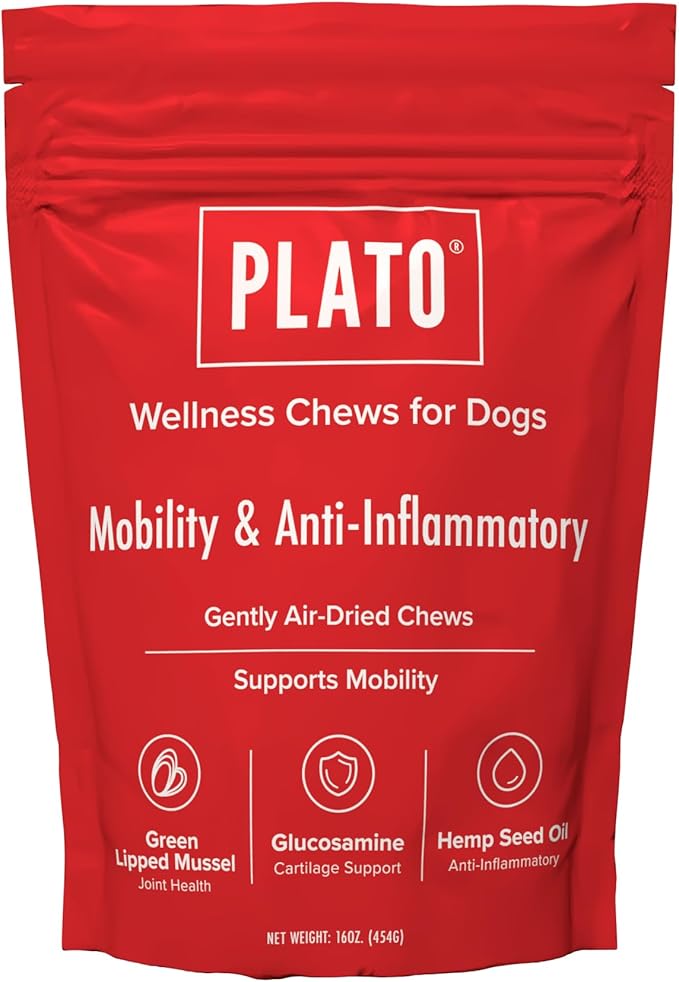 PLATO Pet Treats Air-Dried Wellness Chews for Dogs – Functional Dog Chews – Supports Mobility & Joint Health – Green-Lipped Mussel, Glucosamine & Hemp Seed Oil Recipe 16oz