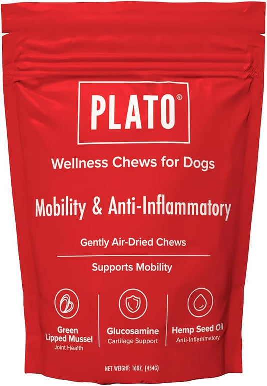 PLATO Pet Treats Air-Dried Wellness Chews for Dogs – Functional Dog Chews – Supports Mobility & Joint Health – Green-Lipped Mussel, Glucosamine & Hemp Seed Oil Recipe 16oz