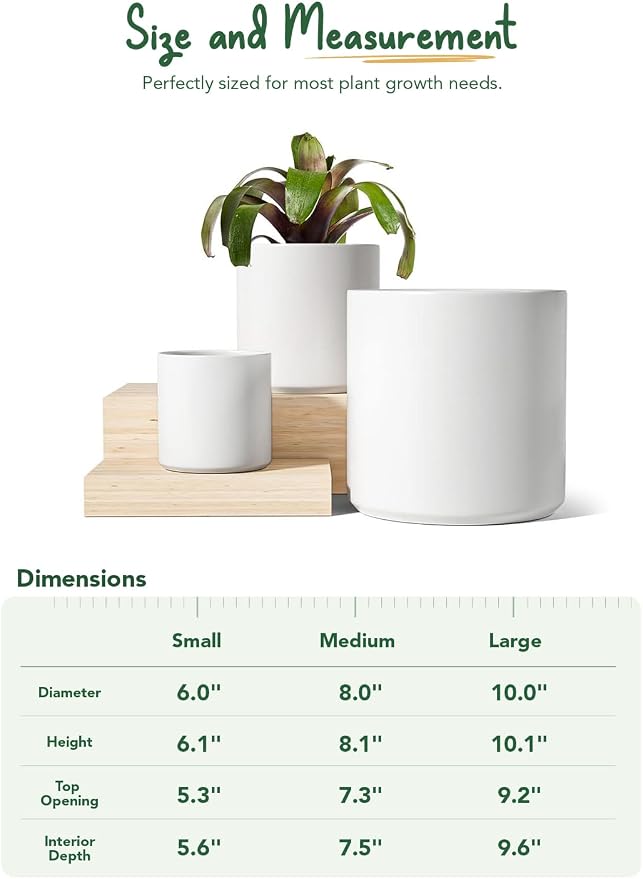 LE TAUCI 10+8+6 Inch Ceramic Pots for Plants, Indoor Planters with Drainage Hole and Plug, Modern Cylinder Flower Pots Set of 3 for Living Room and Bedroom, Satin, White