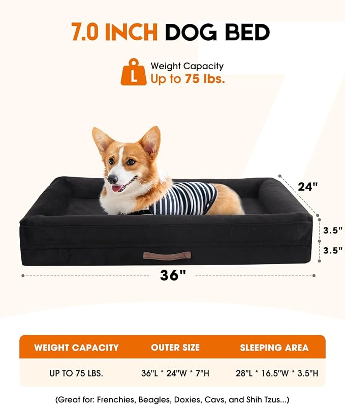 Upvilla Orthopedic Dog Bed, Four-Sided Medium Dog Sofa,Washable Cover Black | Removable Waterproof Dog Bed Cover, Egg-Crate Orthopedic Foam, Built-In Carry Handle, Indoor Small Pet Beds, Cat Beds