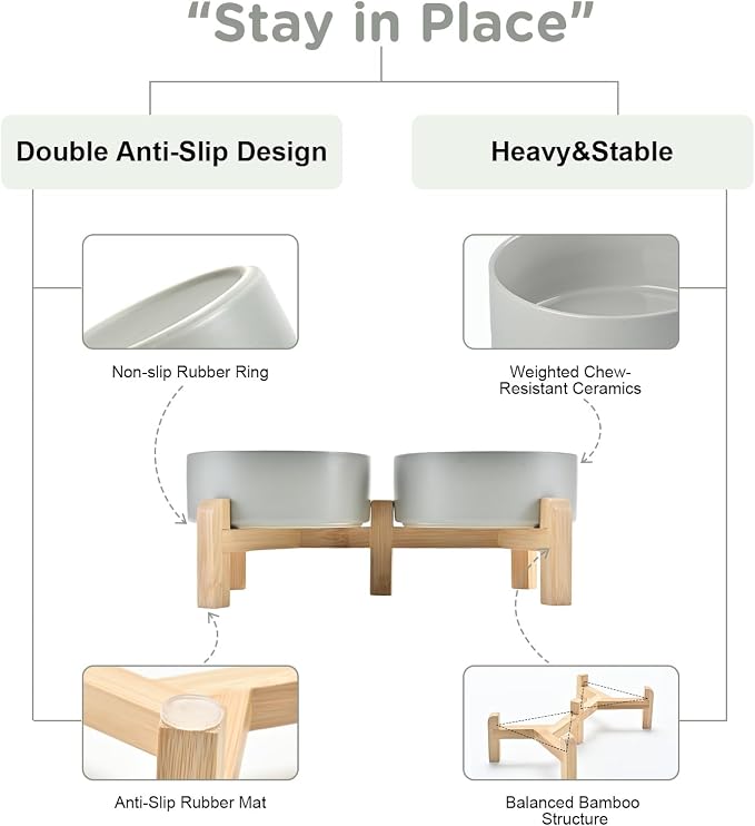 SPUNKYJUNKY Elevated Dog Bowls Ceramic, 5.1'' Dogs and Cat Food Water Bowls Raised with Non-Slip Bamboo Stand for Puppy Small Sized Breed Microwave Dishwasher Safe - 13.5 OZ,Grey
