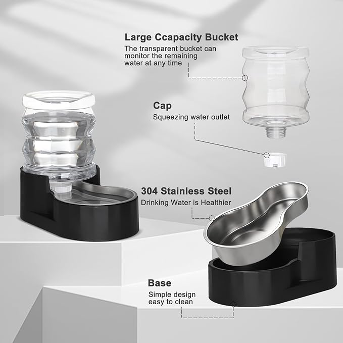 Distributeur d'eau automatique par gravité RIZZARI pour animaux : Gamelle en acier inoxydable noir de 4L sans filtre - Grande capacité pour chiens et chats - Idéal pour la cuisine - le salon - ou le couloir