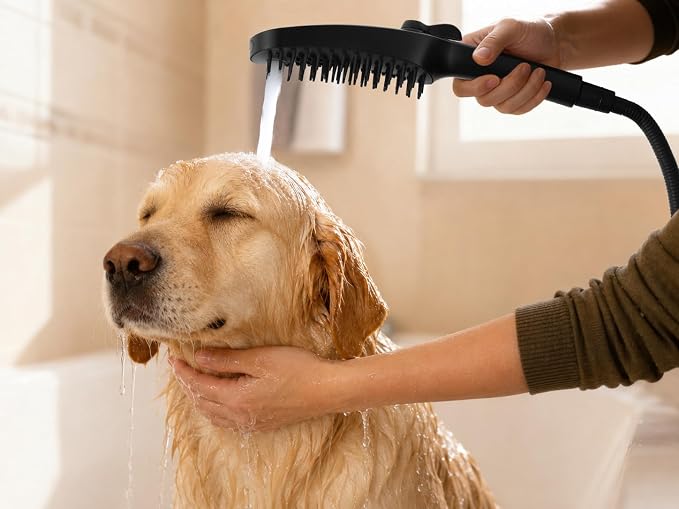 G-Promise 3 Mode Dog Shower Attachment with Pause Mode | High Pressure, Built-In Brush for Wash & Groom, Extra Long Hose, Easy Install, for Indoor & Outdoor Use