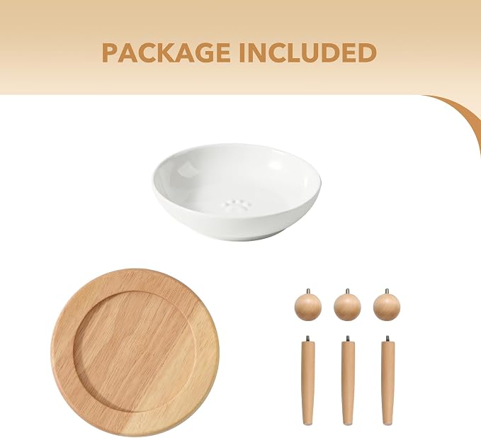 Havniva Elevated Cat Bowls, Cat Food and Water Bowl Set, Ceramic Cat Bowl | Raised Cat Food Bowls, Whisker Friendly, 5.6” Shallow Cat Dishes, Wide Cat Plates, Non-Slip Wood Stand, Two Heights