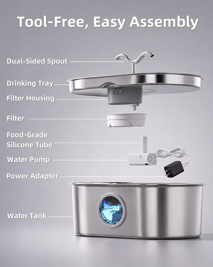 8L/270oz/2Gallon Stainless Steel Dog Water Fountain Pet Fountain | Automatic Pet Water Dispenser - Self-Designed Filtration System - Ultra-Quiet Pump - Easy Cleaning & Maintenance (6 Filters)