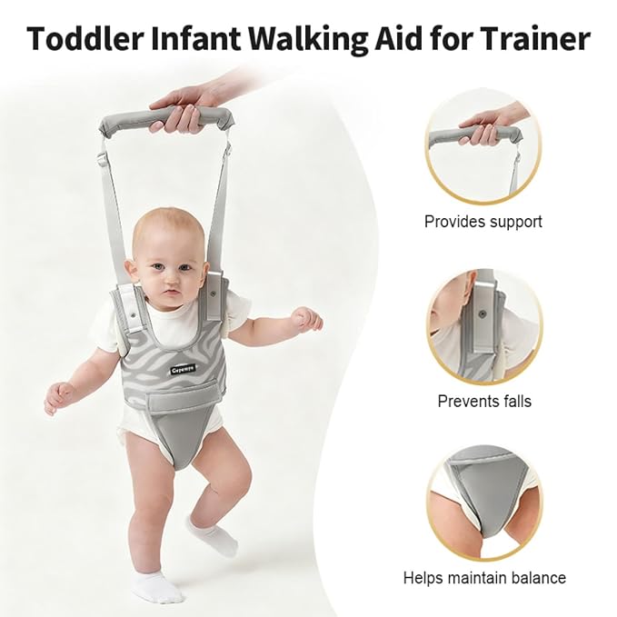 Baby Walking Harness - Handheld Toddler Walker Helper with Detachable Crotch, Adjustable Traction Strap, Breathable Fabric, Infant Walking Assistant Belt with for 9-24 Months (Grey)