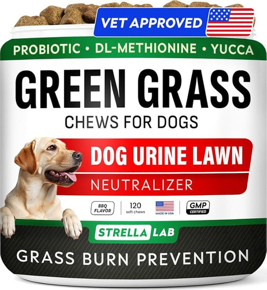 STRELLALAB Dog Pee Grass Chews - Urine Neutralizer for Green Grass Burn Spots - Grass Treatment for Pet Urine - Green Lawn Chews for Dogs with Probiotics - Made in USA (120Ct)