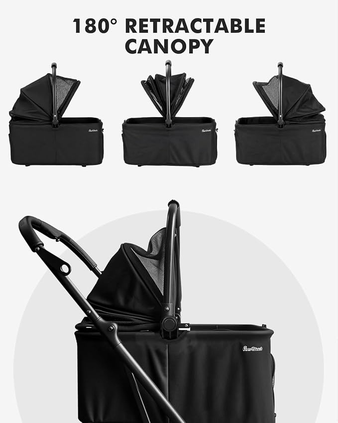 4 Wheels Pet Stroller, Dog Stroller for Small/Medium Dogs and Cats up to 33 lbs, One-Click Fold & Draggable, Removable Carrier, Zipperless Entry, Mesh Windows, Black