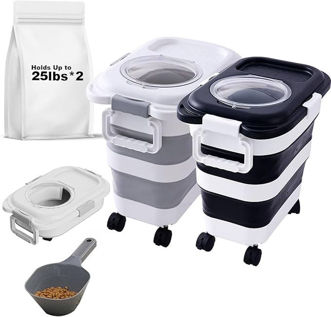 SEWIU 2pack 25 lbs Dog Food Storage Container,Collapsible Dog Food Container with Scoop,Pet/Dog/Cat/Bird Food/Cat litter Storage Containers to Keep Dry,Easy to Move.(Black+white)