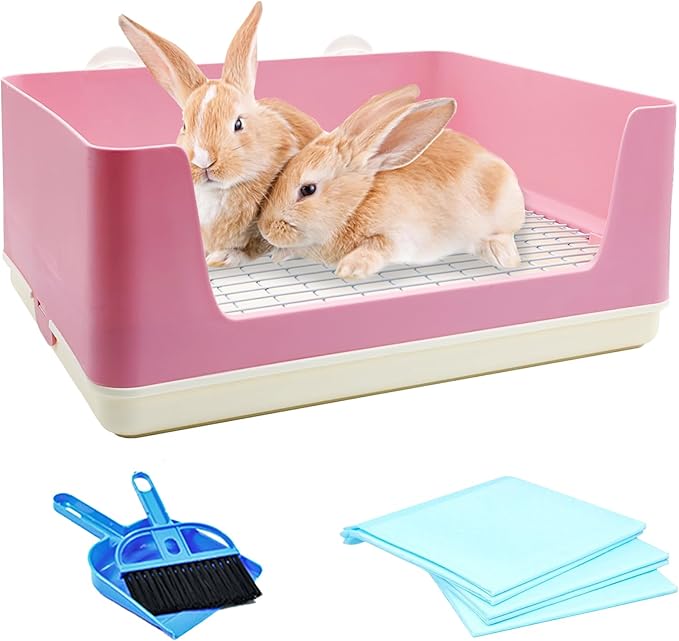 VCEPJH Extra Large Bunny Litter Box for Cage, Plastic Rabbit Litter Pan with Metal Grate Small Animal Toilet Corner Pet Potty Tray for Adult Guinea Pigs Ferrets Chinchillas (Pink)