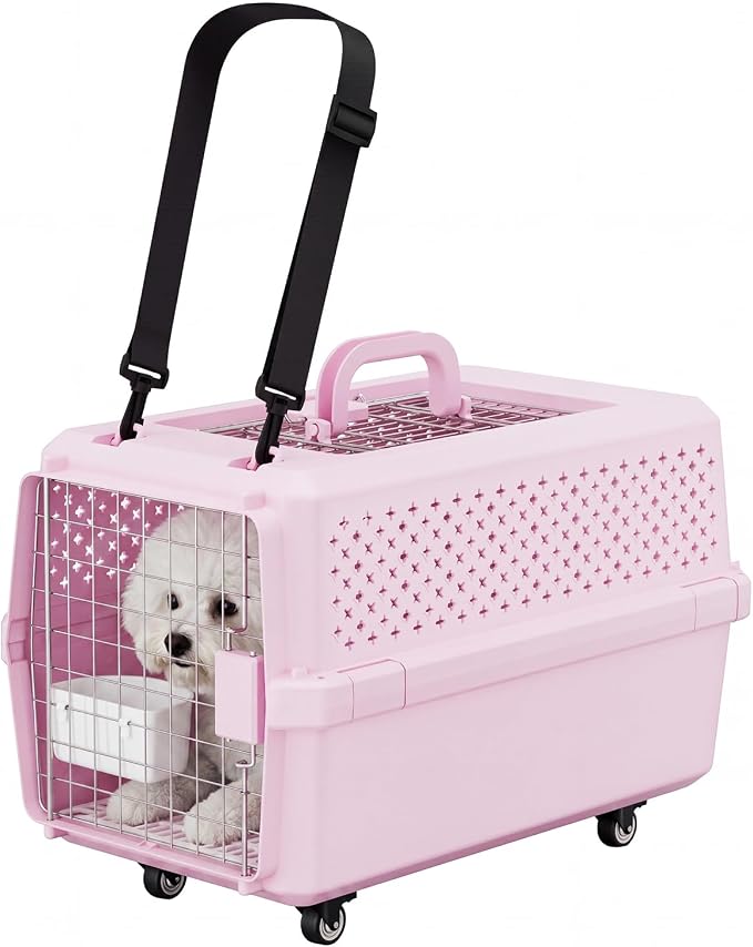 RIZZARI Pink Pet Carrier with Wheels for Cats and Small Dogs Up to 25 Lbs, Top Opening Hard-Sided Cat Carrier, Rolling Travel Kennel with Pull Strap, Feeding Bowl, Metal Door and Ventilated Design
