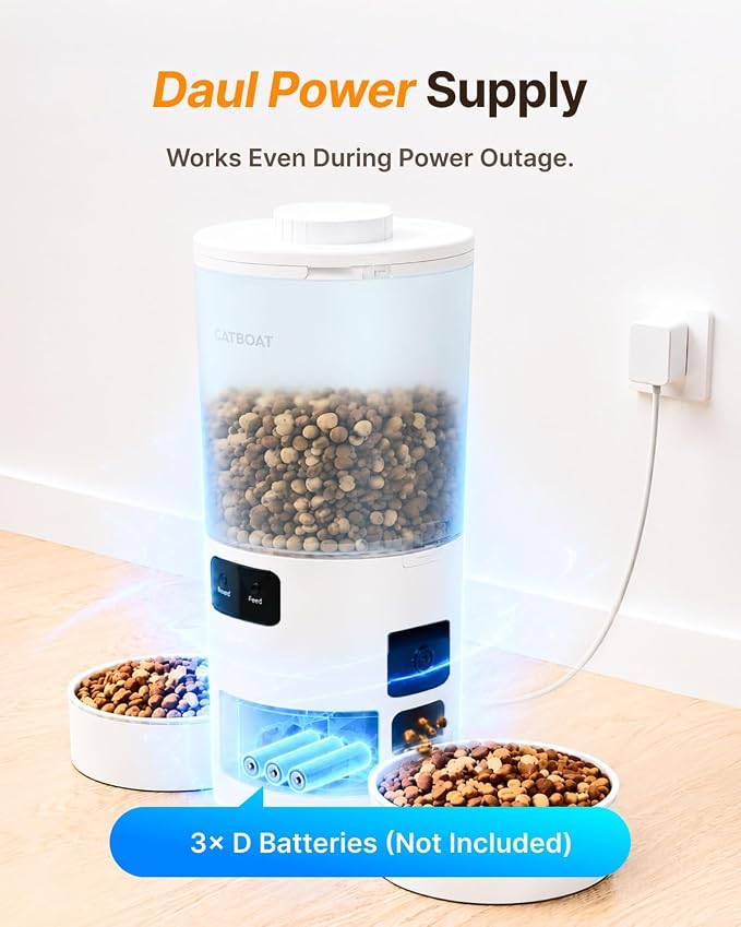 Dual-Camera Automatic Pet Feeder with 2 Bowls, 6L Smart Feeder for 2 Cats | 2K HD Video, App Control, Slow Feed Mode, Up to 20 Meals, 2-Way Audio, Night Vision, iOS/Android, Dry Food Only, White