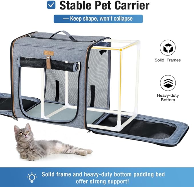 Lekereise Extra Large Cat Carrier for 2 Cats, 2-in-1 Cat Travel Carrier with Litter Box, (20.85" x2) x19.7"x19.7" Pet Carrier with Zipper Locks for Moving Across The Country (No Hammock) - Grey
