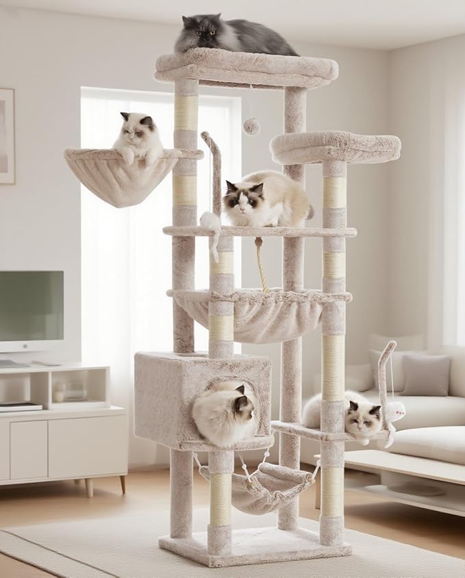 Gitelsnour Cat Tree, Cat Tower for Large Cats with 2 Big Platforms, 2 Baskets, condo and Toys, 63" Cat Scratching Posts for Indoor Cats, Muchroom GCT020MU