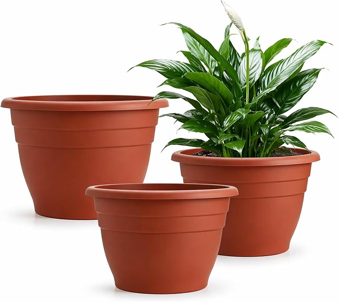 RooTrimmer 3 Pack 11 Inch Plant Pots Lightweight Planters with Drainage Holes,Durable Indoor & Outdoor Flower Pots for Garden,Patio & Home Decor(Pottery Red)