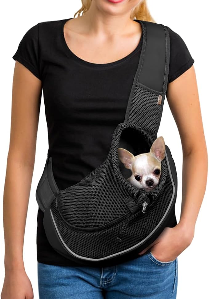 YUDODO Pet Sling Carrier for 2-5 lbs Small Dogs Cat Puppy Crossbody Carrier | Hands-Free, Safety Hook, Large Zipper Pocket, Soft Breathable Mesh, Adjustable Strap, Reflective Strip, Black2.0, S