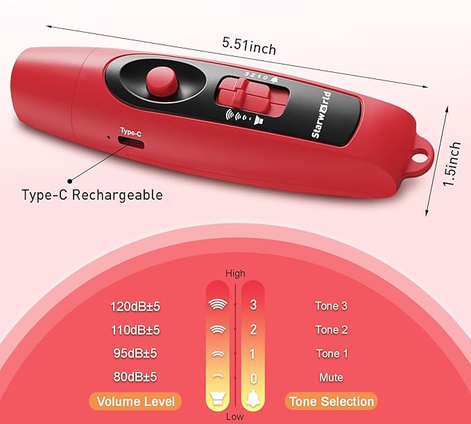 StarWorld Rechargeable Bear Horn - 120dB Electronic Air Horn for Bears with 4 Volume Levels & 3 Tones, Audible 0.5 Miles, LED Safety Light for Hiking, Camping, Wildlife Defense (red)