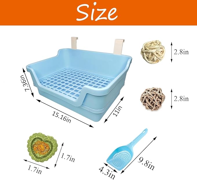 PINVNBY Large Rabbit Litter Box Deep Bunny Corner Toilet Box Double-Deck Small Animal Potty Trainer with Hooks for Adult Guinea Pig Chinchilla Ferret Chipmunk(Blue)