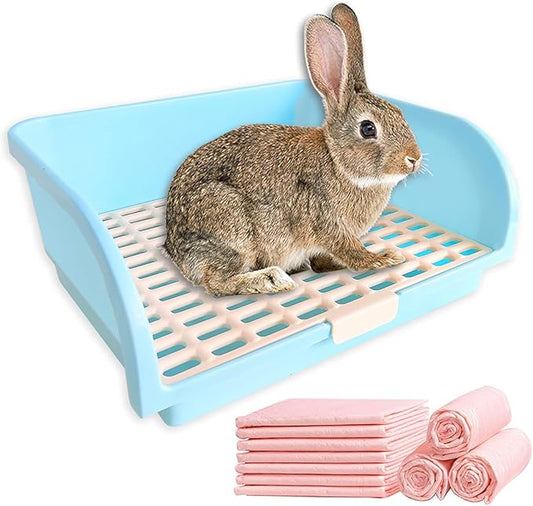 Amakunft 17"x13" Extra Large Rabbit Litter Box with 10PCS Pee Pads, High Sided Plastic Bunny Rat Ferret Litter Box with Removable Grid, Indoor Guinea Pig Jumbo Corner Litter Pan for Small Animal Cage