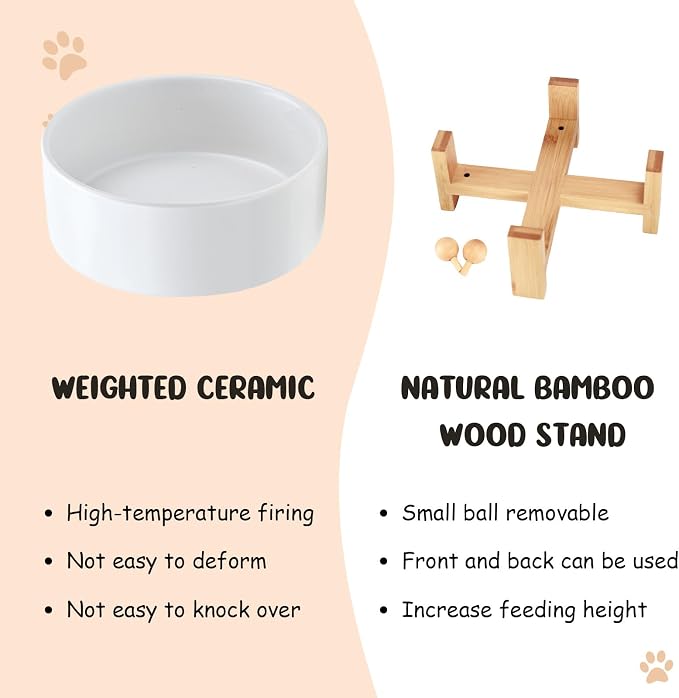 SPUNKYJUNKY 15° Slanted Ceramic Dog and Cat Bowl with Wooden Stand, Tilted Bulldog Food and Water Bowl No Slip Non-Spill for Cats Medium Dogs Big Face Pets 28.7 OZ (3.6 Cups, White)