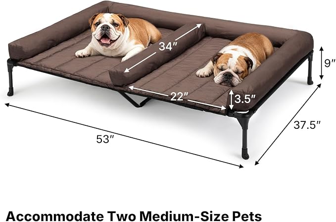 Veehoo Elevated Dog Bed for 2 Dogs, Cooling Raised Dog Bed with Bolster Mat | Outdoor Double Dog Bed with Removable Waterproof Cushion, Breathable Mesh, Non-Slip Feet for Outdoor & Indoor, 53", Brown