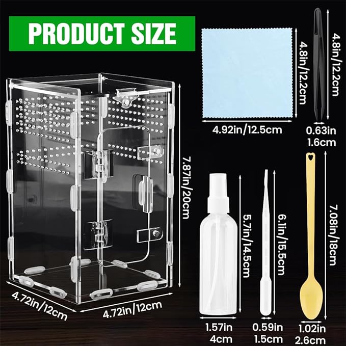 Jumping Spider Terrarium, Complete Acrylic Habitat Kit with Dual Doors, Feeding Tools for Spiders, Tarantulas, Mantis, Small Reptiles, 4.7x4.7x7.9 Inch