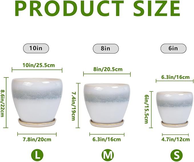 Ceramic Plant Pots - Modern Round 10 Inch 8 Inch 6 Inch Planters for Indoor Outdoor, Flower Pots with Drainage Holes and Plant Saucers, Home Decor, Plant Lover Gifts, Set of 3, White-Grey