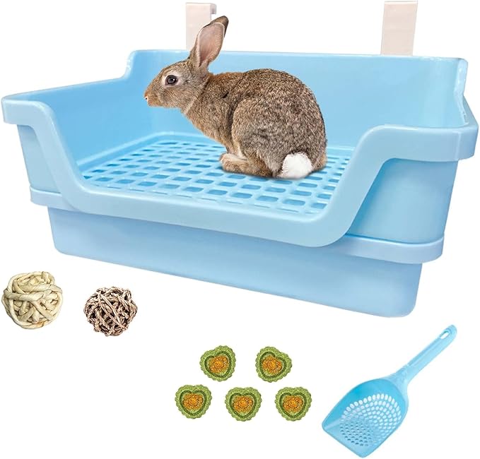 PINVNBY Large Rabbit Litter Box Deep Bunny Corner Toilet Box Double-Deck Small Animal Potty Trainer with Hooks for Adult Guinea Pig Chinchilla Ferret Chipmunk(Blue)
