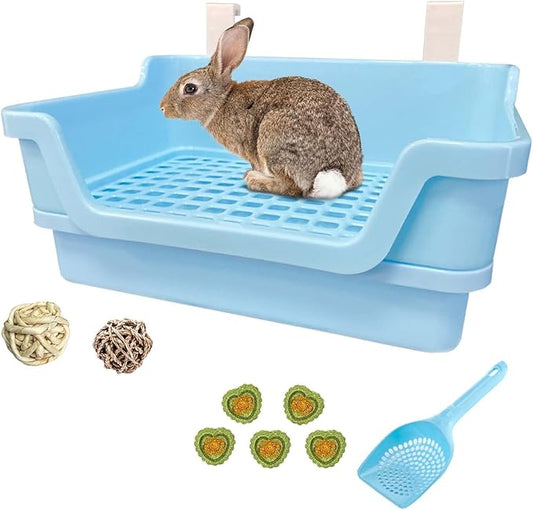 PINVNBY Large Rabbit Litter Box Deep Bunny Corner Toilet Box Double-Deck Small Animal Potty Trainer with Hooks for Adult Guinea Pig Chinchilla Ferret Chipmunk(Blue)