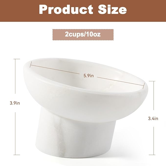 Karibiber Marble Elevated Cat Bowl, White Weighted Raised Cat Food & Water Bowl, Whisker-Friendly Stone Cat Dish with Non-Slip Stand, Heavy Water Bowls for Small Dog