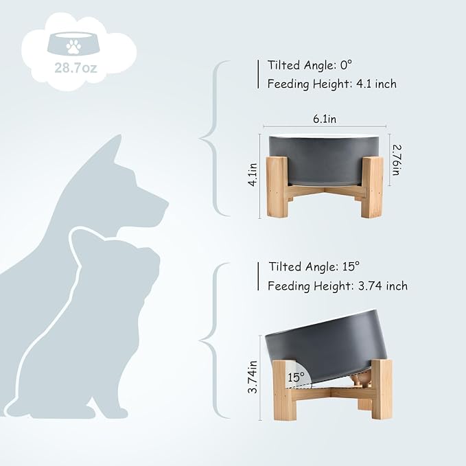 SPUNKYJUNKY 15° Slanted Ceramic Dog and Cat Bowl with Wooden Stand, Tilted Bulldog Food and Water Bowl No Slip Non-Spill for Cats Medium Dogs Big Face Pets 28.7 OZ (3.6 Cups, White-Grey)