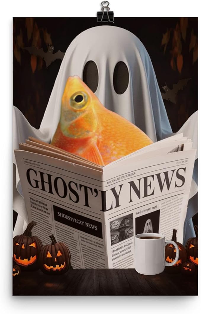 Spooky Halloween Pet and Ghost Reading Wall Art - Red Rainbowfish Poster 12x18 Unframed Photo Paper - Funny Home Decor Gifts for Fish Lovers